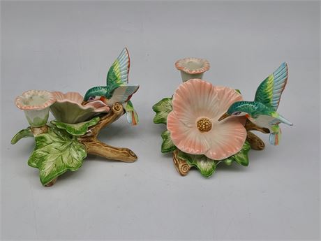 2 VINTAGE HAND PAINTED HUMMING BIRD CANDLE HOLDERS (4"Tall)