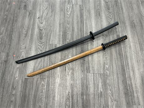 2 PRACTICE SWORDS - WOOD & PLASTIC (39” long)