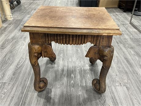 VINTAGE WOOD CARVED SIDE TABLE W/ELEPHANT STYLE LEGS (24” tall)