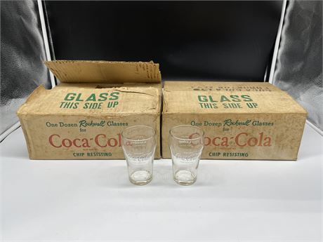 21 VINTAGE COCA-COLA ROCKWELL GLASSES W/ ORIGINAL BOXES (4” TALL GLASSES)