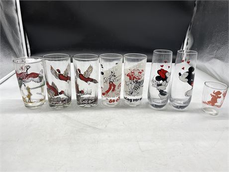 8 MCM DRINKING GLASSES - MICKEY + MINNIE MOUSE, DUMBO, PHEASANTS