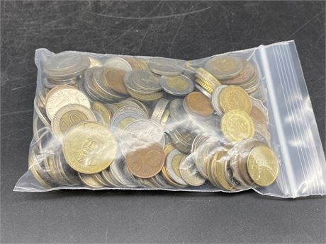 BAG OF FOREIGN CURRENCY & MISC. COINS