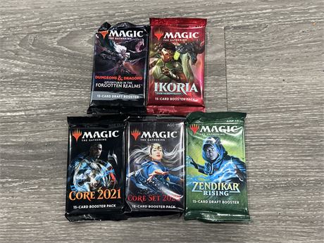 5 SEALED ASSORTED MAGIC THE GATHERING 15 CARD BOOSTER PACKS