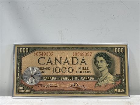 VINTAGE $1000 CANADIAN BILL CLOCK - 21”x10”