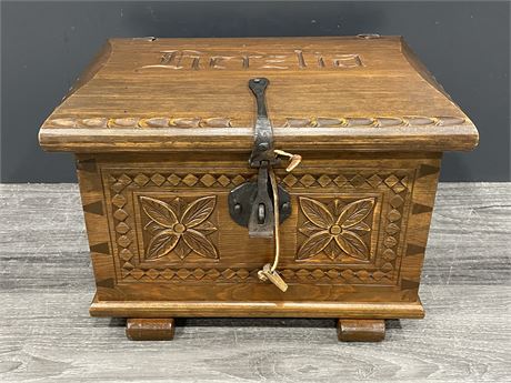 VINTAGE HAND CARVED CHEST, WROUGHT HANDLES / LATCH (14.5”X10”)