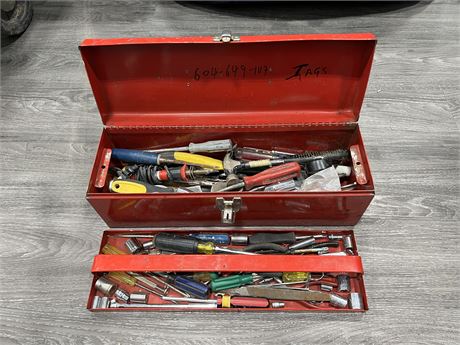 RED METAL TOOL BOX W/ CONTENTS