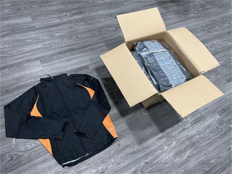 25 NEW FIRST STAR APPAREL BLACK/ORANGE ATHLETIC JACKETS (SIZE LARGE 20 SMALL 5)