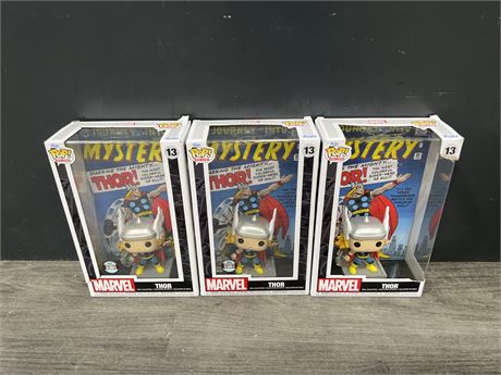 3 MARVEL THOR FUNKO POPS - CASES OR FUNKO’s THEMSELVES HAVE DAMAGE - SOLD AS IS