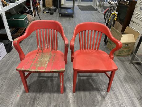 2 HEAVY SOLID VINTAGE  RAILWAY STATION OFFICE CHAIRS (31” TALL)