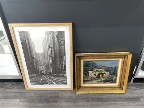 FRAMED NY CITY PRINT / ANTIQUE ORIGINAL OIL PAINTING - PAINTING 20”x17”