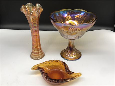 2 CARNIVAL GLASS VASE AND PEDESTAL DISH AND MURANO STYLE ASH TRAY