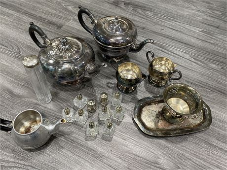 LOT OF SILVER PLATED TEA POTS, S&P SHAKERS, CUPS