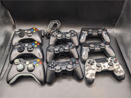 COLLECTION OF PLAYSTATION & XBOX CONTROLLERS - NEEDING REPAIRS - AS IS
