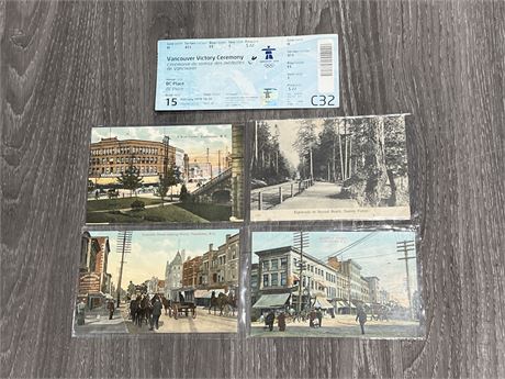 4 VINTAGE VANCOUVER POST CARDS + 2010 VAN OLYMPIC CEREMONY TICKET