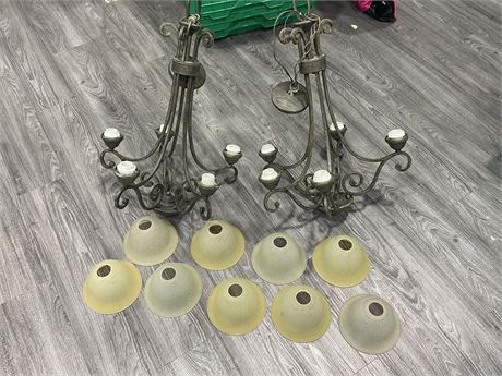 2 WROUGHT IRON CHANDELIERS (1 needs 2 more glass bulb covers)
