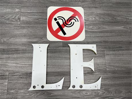 VINTAGE METAL NO SMOKING SIGN & “L”&”E” NEON BACKING LETTERS 12”