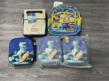 3 NEW 3D DINOSAUR LUNCH BAGS & NEW MINIONS BACKPACK + LITTLE TIKES LUNCH KIT