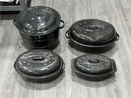 3 ENAMEL ROASTING PANS & LARGE 7 CAPACITY CANNER
