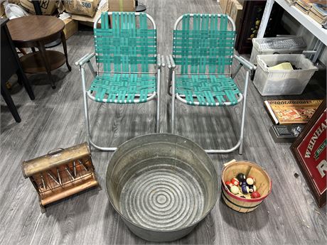 VINTAGE LOT - GALVANIZED TUB 26”, PATIO CHAIRS - HEATER & ECT