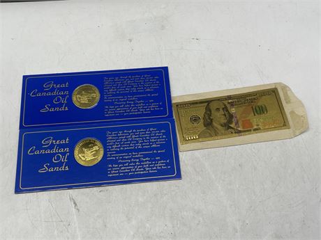 2 GREAT CANADIAN OIL SAND COLLECTOR COINS & GOLD FOIL BEN FRANKLIN $100 BILL
