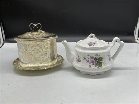 AUTHUR WOOS & SUN TEAPOT + QUEEN ANN SILVER-PLATED BISCUIT BOX ENGLAND