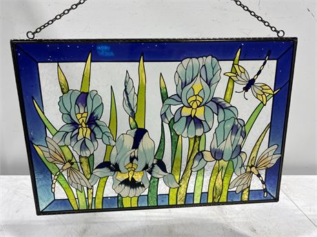 VINTAGE HANGING STAINED GLASS PIECE (18”x12”)