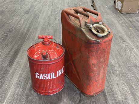 2 RED VINTAGE GAS CANS (TALLEST IS 18.5”)