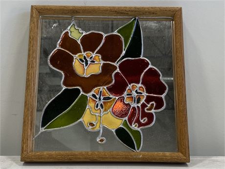 WOOD FRAMED STAINED GLASS (13”X13”)