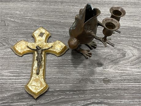 FROG CANDLE HOLDER (5” TALL) + ANTIQUE BRASS CRUCIFIX
