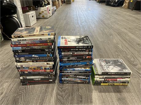 LOT OF DVDS, BLURAYS & MISC VIDEO GAMES