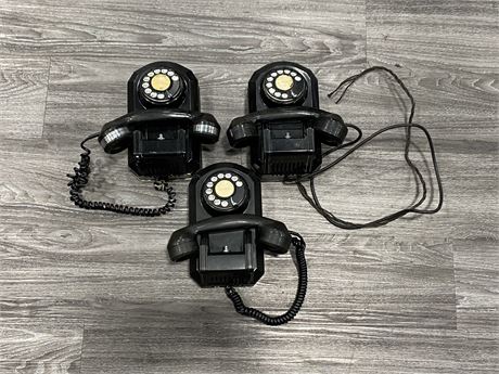 3 VINTAGE BLACK ROTARY WALL PHONES