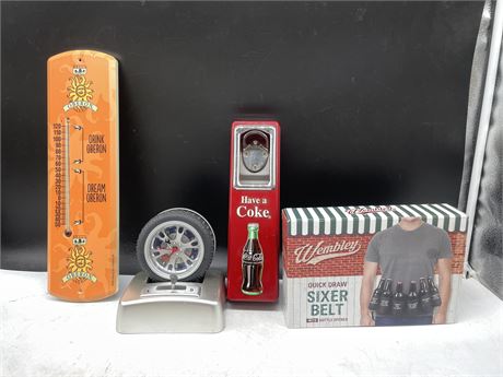 LOT OF 4 MAN CAVE ITEMS COKE OPENER, THERMOMETER, CLOCK & BELT