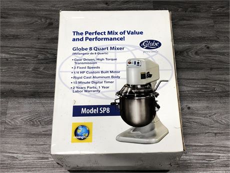 GLOBE SP8 8 QUART TABLE TOP MIXER (NEW IN BOX - SPECS IN PHOTOS - HIGH VALUE)