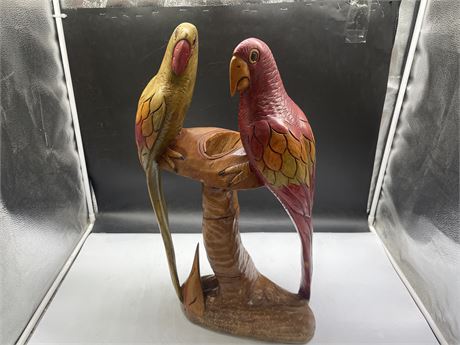 HAND CARVED PARROTS ON A PERCH (23” x 12”)