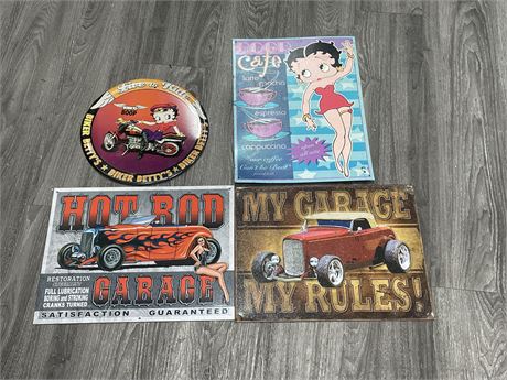 4 METAL SIGNS INCL: BETTY BOOP & CAR GARAGE (LARGEST 12”x17”)