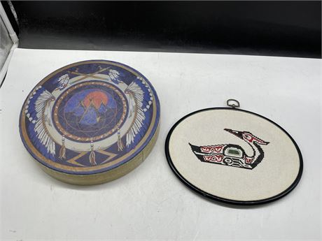 VINTAGE NATIVE EMBROIDERED WORK & CLARENCE WELLS DRUM