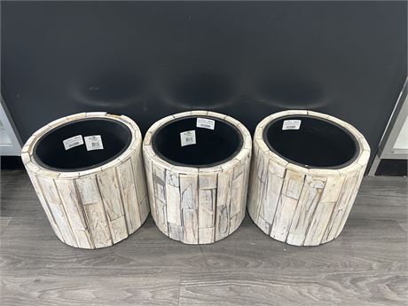 3 RECYCLED WOOD GRAPE VINE PLANTERS - SPECS IN PHOTOS