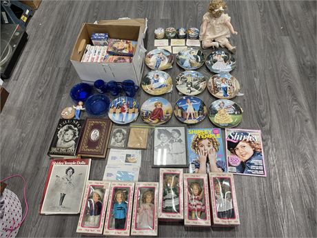 SHIRLEY TEMPLE COLLECTION INCLUDING DOLLS, VHS TAPES, PLATES, ETC
