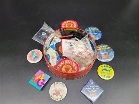 TIN OF PINS AND PATCHES
