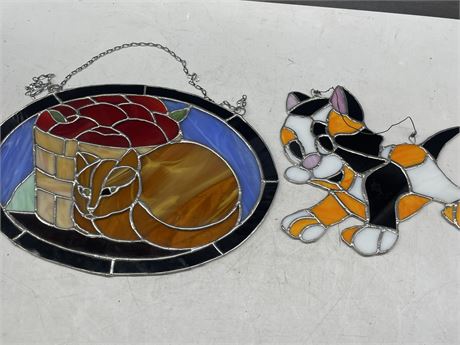 2 STAINED GLASS HANGING PIECES LARGEST 13”x9”