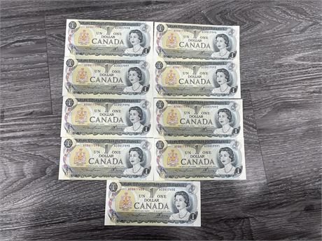 (9) 1973 CANADIAN $1 BILLS (8 BILLS SEQUENCED / 1 NOT)
