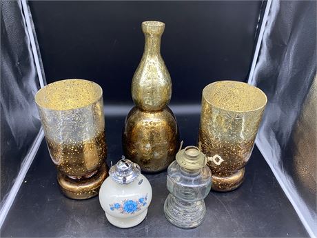 3 LARGE GOLD VASES & 2 VINTAGE OIL LAMPS (Clear one from 1940s)