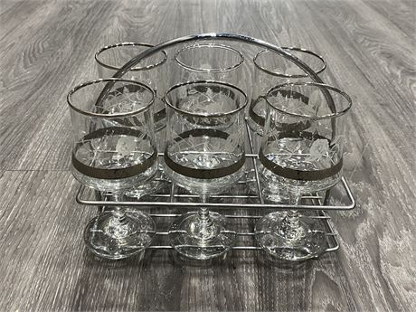 6 MCM WINE GLASSES IN HOLDER/TRAY