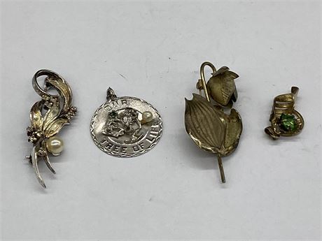 LOT OF 4 STERLING BROOCHES / PENDANTS