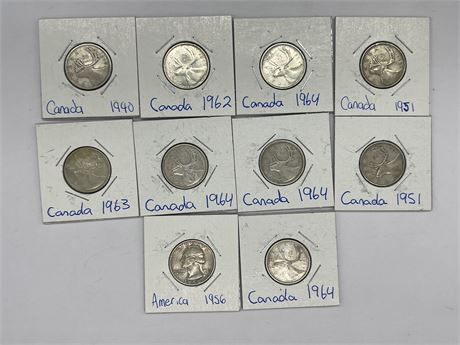 10 SILVER VINTAGE QUARTERS - 1940s TO 1960s