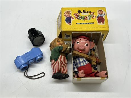 VINTAGE MECHANICAL MONKEY TOY, PERKY PUPPET, 1950s SLIDE VIEWER / OPERA GLASSES