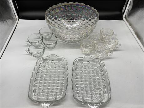 VINTAGE IRIDESCENT PUNCH BOWL (12” DIAMETER) & CUPS + 4 LUNCHEON PLATES W/CUPS