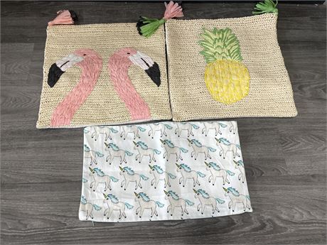 2 WEAVED SUMMER PILLOW COVERS (PINEAPPLE + FLAMINGO) + UNICORN PILLOW COVER
