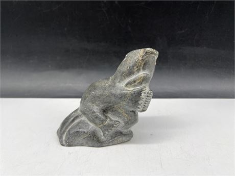 SIGNED LUCASSIE CARVED STONE INUIT OTTER FIGURE - 4” TALL