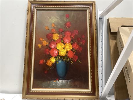 SIGNED OIL PAINTING WITH FLOWER IN VASE 32”x44”